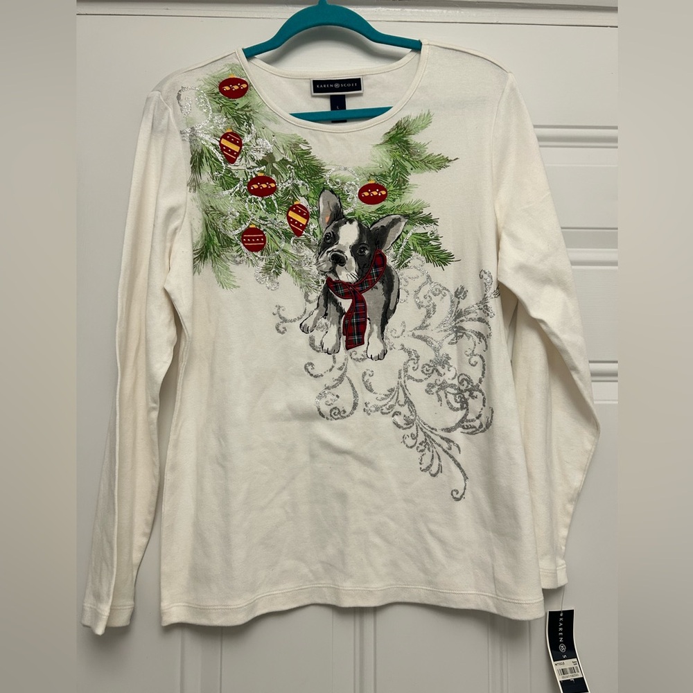 NWT Karen Scott large‎ cotton long sleeve t-shirt French bulldog puppy Christmas